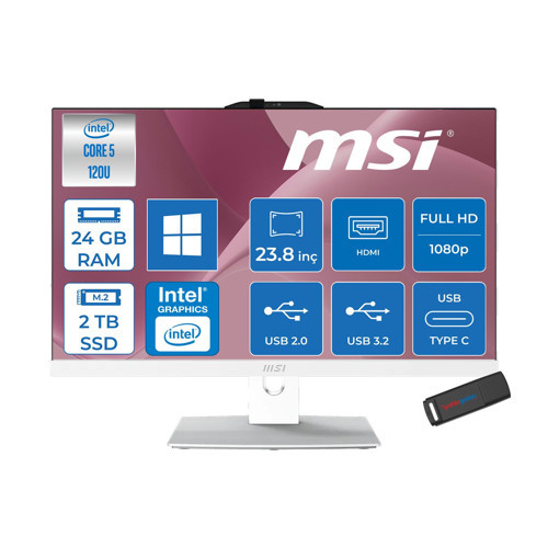 Msı Modern AM242P Intel Core 5 120U Upto 5.0ghz 24GB Ddr5 2tb SSD 23.8" Fhd (1920X1080) IPS WIN11HOME Beyaz Allınone Bilgisayar W2089XEUH09+ZETTAUSBBELLEK