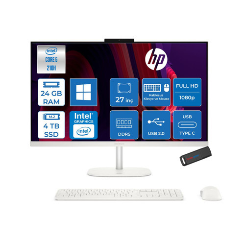 Omnistudio 27-CU0009NT Intel Core 5 210H Up 4,8ghz 24GB Ddr5 4tb SSD 27" Fhd (1920X1080) IPS 350 Nit %100 Srgb Wled WIN11PRO Beyaz Allınone Bilgisayar D62C1EAP10+ZETTAUSBBELLEK