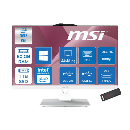 Msı Modern AM242P Intel Core 5 120U Upto 5.0ghz 80GB Ddr5 1tb SSD 23.8" Fhd (1920X1080) IPS WIN11HOME Beyaz Allınone Bilgisayar W2089XEUH28+ZETTAUSBBELLEK