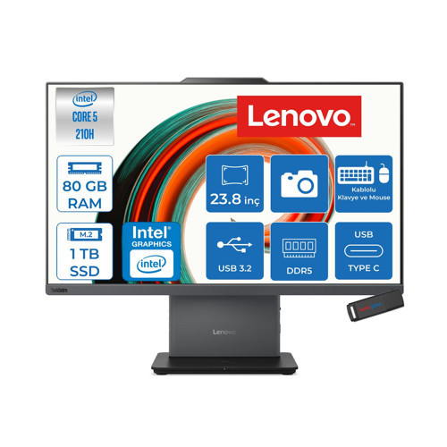 Thinkcentre Neo 50A Intel Core 5 210H 80GB 1tb SSD Windows 11 Pro Intel Graphics 23.8" Fhd (1920X1080) IPS Dokunmatik All In One Bilgisayar 12SC004XTRP33 + Zetta Usbbellek
