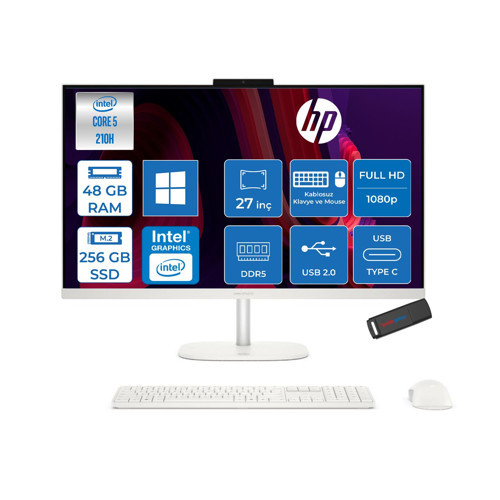Omnistudio 27-CU0009NT Intel Core 5 210H Up 4,8ghz 48GB Ddr5 256GB SSD 27" Fhd (1920X1080) IPS 350 Nit %100 Srgb Wled WIN11PRO Beyaz Allınone Bilgisayar D62C1EAP16+ZETTAUSBBELLEK