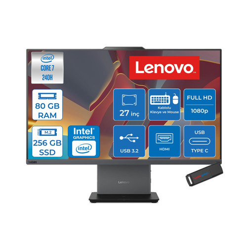Thinkcentre Neo 50A 27 Gen 5 Intel® Core™ 7 240H 5.2ghz 80GB Ddr5 256GB SSD 27" Fhd (1920X1080) IPS 300NITS, 99% Srgb Freedos Siyah Allınone Bilgisayar 12SA0028TRF26+ZETTAUSBBELLEK