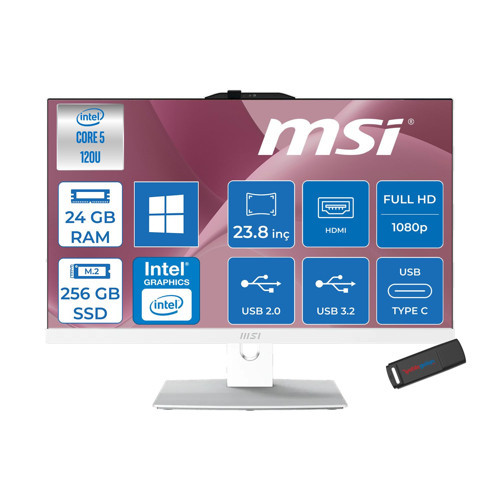 Msı Modern AM242P Intel Core 5 120U Upto 5.0ghz 24GB Ddr5 256GB SSD 23.8" Fhd (1920X1080) IPS WIN11PRO Beyaz Allınone Bilgisayar W2089XEUP06+ZETTAUSBBELLEK