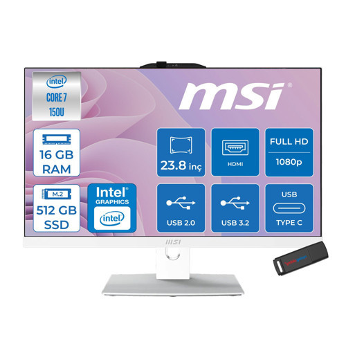 Msı Modern AM242P Intel Core 7 150U Upto 5.4ghz 16GB Ddr5 512GB SSD 23.8" Fhd (1920X1080) IPS Freedos Beyaz Allınone Bilgisayar W2288NEUF02+ZETTAUSBBELLEK