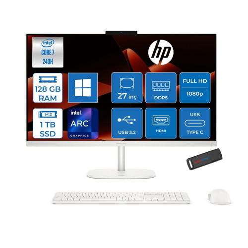 Omnistudio 27-CU0008NT Intel Core 7 240H Up 5.2ghz 128GB Ddr5 1tb SSD 27" Fhd (1920X1080) IPS 350 Nit %100 Srgb Wled WIN11HOME Beyaz Allınone Bilgisayar D62C0EAH38+ZETTAUSBBELLEK