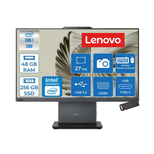Thinkcentre Neo 50A Intel Core 7 240H 48GB 256GB SSD Windows 11 Pro Intel Graphics 27" Fhd (1920X1080) IPS Dokunmatik All In One Bilgisayar 12SA0024TRP21 + Zetta Usbbellek