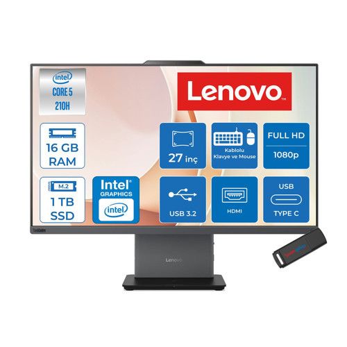 Thinkcentre Neo 50A 27 Gen 5 Intel® Core™ 5 210H 4.8ghz 16GB Ddr5 1tb SSD 27" Fhd (1920X1080) IPS 300NITS, 99% Srgb Freedos Siyah Allınone Bilgisayar 12SA0026TRF03+ZETTAUSBBELLEK