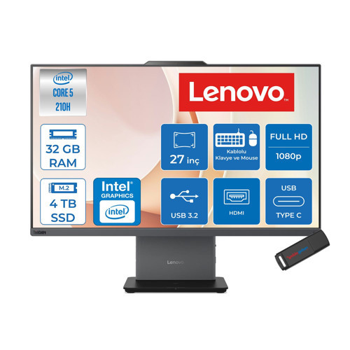 Thinkcentre Neo 50A 27 Gen 5 Intel® Core™ 5 210H 4.8ghz 32GB Ddr5 4tb SSD 27" Fhd (1920X1080) IPS 300NITS, 99% Srgb Freedos Siyah Allınone Bilgisayar 12SA0026TRF15+ZETTAUSBBELLEK
