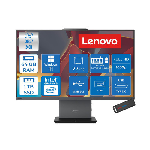 Thinkcentre Neo 50A 27 Gen 5 Intel® Core™ 7 240H 5.2ghz 64GB Ddr5 1tb SSD 27" Fhd (1920X1080) IPS 300NITS, 99% Srgb WIN11PRO Siyah Allınone Bilgisayar 12SA0028TRP23+ZETTAUSBBELLEK