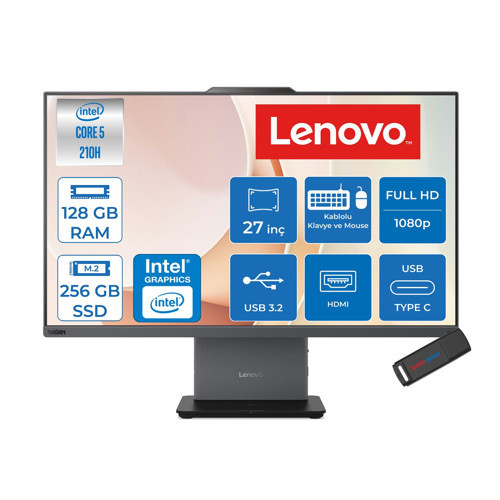 Thinkcentre Neo 50A 27 Gen 5 Intel® Core™ 5 210H 4.8ghz 128GB Ddr5 256GB SSD 27" Fhd (1920X1080) IPS 300NITS, 99% Srgb Freedos Siyah Allınone Bilgisayar 12SA0026TRF36+ZETTAUSBBELLEK