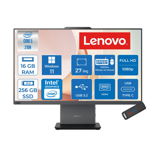 Thinkcentre Neo 50A 27 Gen 5 Intel® Core™ 5 210H 4.8ghz 16GB Ddr5 256GB SSD 27" Fhd (1920X1080) IPS 300NITS, 99% Srgb WIN11HOME Siyah Allınone Bilgisayar 12SA0026TRH01+ZETTAUSBBELLEK