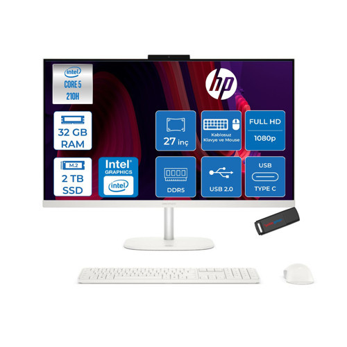 Omnistudio 27-CU0009NT Intel Core 5 210H Up 4,8ghz 32GB Ddr5 2tb SSD 27" Fhd (1920X1080) IPS 350 Nit %100 Srgb Wled Freedos Beyaz Allınone Bilgisayar D62C1EAF14+ZETTAUSBBELLEK