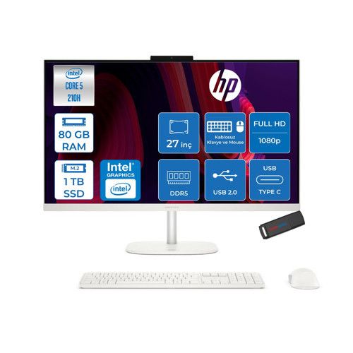 Omnistudio 27-CU0009NT Intel Core 5 210H Up 4,8ghz 80GB Ddr5 1tb SSD 27" Fhd (1920X1080) IPS 350 Nit %100 Srgb Wled Freedos Beyaz Allınone Bilgisayar D62C1EAF28+ZETTAUSBBELLEK
