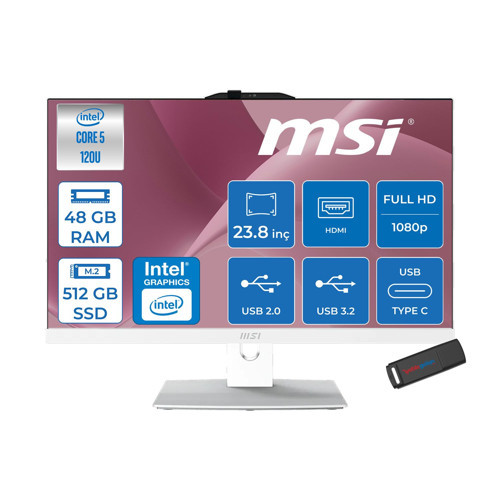 Msı Modern AM242P Intel Core 5 120U Upto 5.0ghz 48GB Ddr5 512GB SSD 23.8" Fhd (1920X1080) IPS Freedos Beyaz Allınone Bilgisayar W2089XEUF17+ZETTAUSBBELLEK