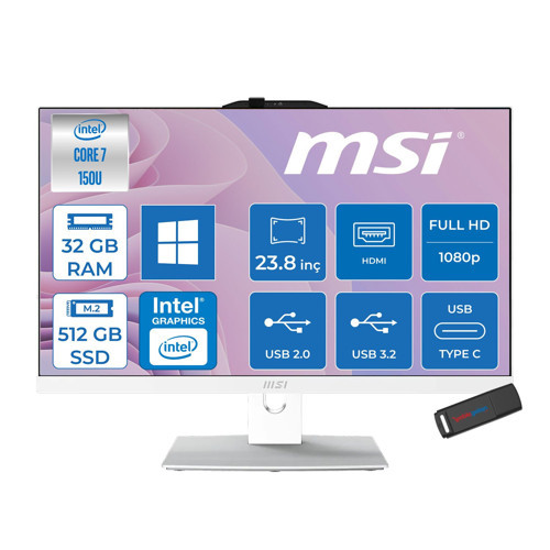 Msı Modern AM242P Intel Core 7 150U Upto 5.4ghz 32GB Ddr5 512GB SSD 23.8" Fhd (1920X1080) IPS WIN11PRO Beyaz Allınone Bilgisayar W2288NEUP12+ZETTAUSBBELLEK