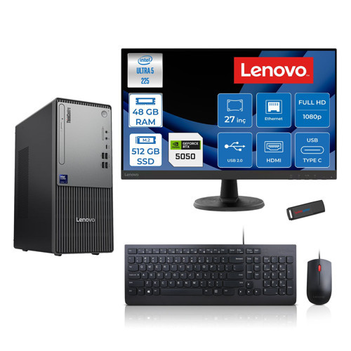 Thinkcentre Neo 50T Gen 6 Intel Core Ultra 5 225 Upto 4.9ghz 48GB Ddr5 512GB SSD 8GB/RTX5050 Freedos +27" Fhd Monitör Masaüstü Bilgisayar 13BD007UTR2724F17+ZETTAUSBBELLEK