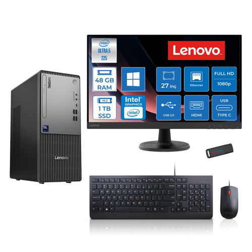 Thinkcentre Neo 50T Gen 6 Intel Core Ultra 5 225 Upto 4.9ghz 48GB Ddr5 1tb SSD Intel® UHD Graphics 770 WIN11PRO +27" Fhd Monitör Masaüstü Bilgisayar 13BD007UTR27P18+ZETTAUSBBELLEK