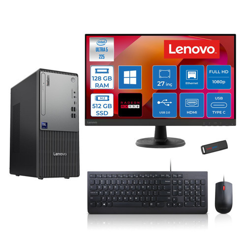 Thinkcentre Neo 50T Gen 6 Intel Core Ultra 5 225 Upto 4.9ghz 128GB Ddr5 512GB SSD 4GB/RX550 WIN11PRO +27" Fhd Monitör Masaüstü Bilgisayar 13BD007UTR2727P37+ZETTAUSBBELLEK
