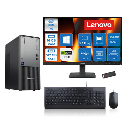 Thinkcentre Neo 50T Gen 6 Intel Core Ultra 5 225 Upto 4.9ghz 16GB Ddr5 512GB SSD 6GB/RTX3050 WIN11HOME +23.8"fhd Monitör Masaüstü Bilgisayar 13BD007UTR2423H02+ZETTAUSBBELLEK