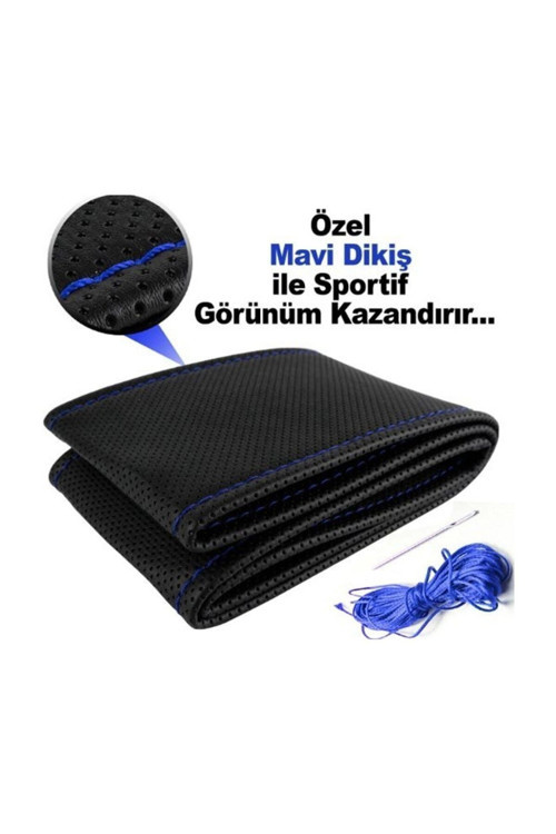 Toyota Corolla 2013-2018 Deri Direksiyon Kılıfı Dikmeli Noktalı Mavi Dikişli