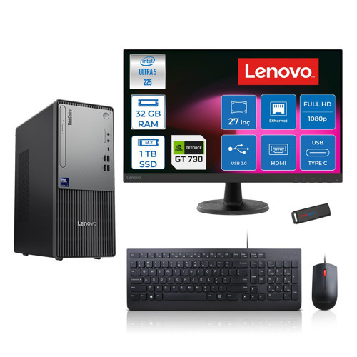 Thinkcentre Neo 50T Gen 6 Intel Core Ultra 5 225 Upto 4.9ghz 32GB Ddr5 1tb SSD 4GB/GT730 Freedos +27" Fhd Monitör Masaüstü Bilgisayar 13BD007UTR2725F13+ZETTAUSBBELLEK