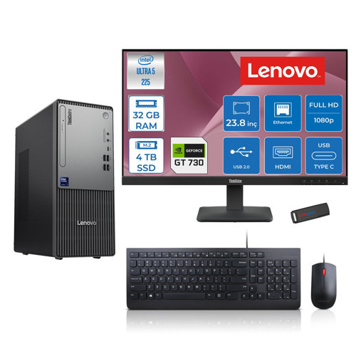 Thinkcentre Neo 50T Gen 6 Intel Core Ultra 5 225 Upto 4.9ghz 32GB Ddr5 4tb SSD 4GB/GT730 Freedos +23.8"fhd Monitör Masaüstü Bilgisayar 13BD007UTR2425F15+ZETTAUSBBELLEK