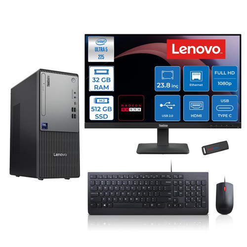 Thinkcentre Neo 50T Gen 6 Intel Core Ultra 5 225 Upto 4.9ghz 32GB Ddr5 512GB SSD 4GB/RX550 Freedos +23.8"fhd Monitör Masaüstü Bilgisayar 13BD007UTR2427F12+ZETTAUSBBELLEK