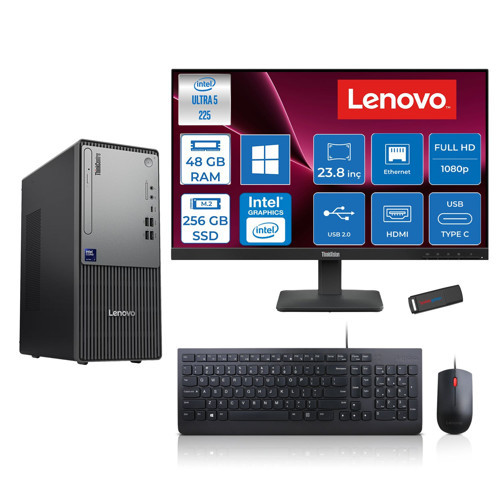 Thinkcentre Neo 50T Gen 6 Intel Core Ultra 5 225 Upto 4.9ghz 48GB Ddr5 256GB SSD Intel® UHD Graphics 770 WIN11PRO +23.8"fhd Monitör Masaüstü Bilgisayar 13BD007UTR24P16+ZETTAUSBBELLEK