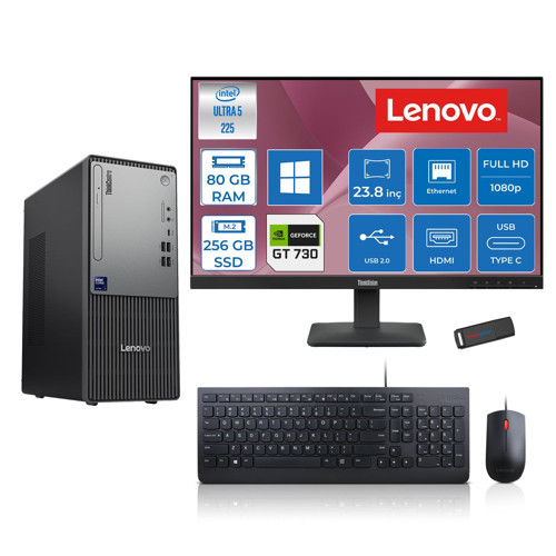 Thinkcentre Neo 50T Gen 6 Intel Core Ultra 5 225 Upto 4.9ghz 80GB Ddr5 256GB SSD 4GB/GT730 WIN11PRO +23.8"fhd Monitör Masaüstü Bilgisayar 13BD007UTR2425P26+ZETTAUSBBELLEK