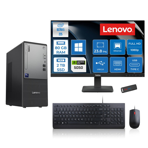 Thinkcentre Neo 50T Gen 6 Intel Core Ultra 5 225 Upto 4.9ghz 80GB Ddr5 2tb SSD 8GB/RTX5050 WIN11PRO +23.8"fhd Monitör Masaüstü Bilgisayar 13BD007UTR2424P29+ZETTAUSBBELLEK