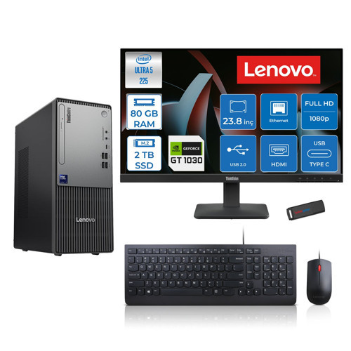 Thinkcentre Neo 50T Gen 6 Intel Core Ultra 5 225 Upto 4.9ghz 80GB Ddr5 2tb SSD 4GB/GT1030 Freedos +23.8"fhd Monitör Masaüstü Bilgisayar 13BD007UTR2421F29+ZETTAUSBBELLEK