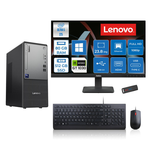 Thinkcentre Neo 50T Gen 6 Intel Core Ultra 5 225 Upto 4.9ghz 80GB Ddr5 512GB SSD 4GB/GT1030 WIN11PRO +23.8"fhd Monitör Masaüstü Bilgisayar 13BD007UTR2421P27+ZETTAUSBBELLEK