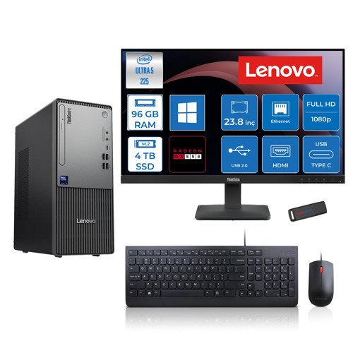 Thinkcentre Neo 50T Gen 6 Intel Core Ultra 5 225 Upto 4.9ghz 96GB Ddr5 4tb SSD 4GB/RX550 WIN11PRO +23.8"fhd Monitör Masaüstü Bilgisayar 13BD007UTR2427P35+ZETTAUSBBELLEK