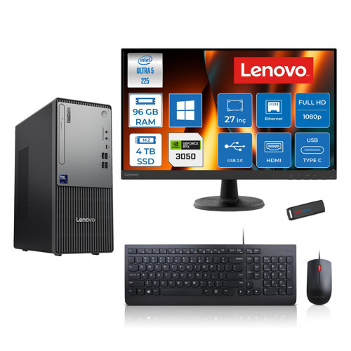 Thinkcentre Neo 50T Gen 6 Intel Core Ultra 5 225 Upto 4.9ghz 96GB Ddr5 4tb SSD 6GB/RTX3050 WIN11PRO +27" Fhd Monitör Masaüstü Bilgisayar 13BD007UTR2723P35+ZETTAUSBBELLEK