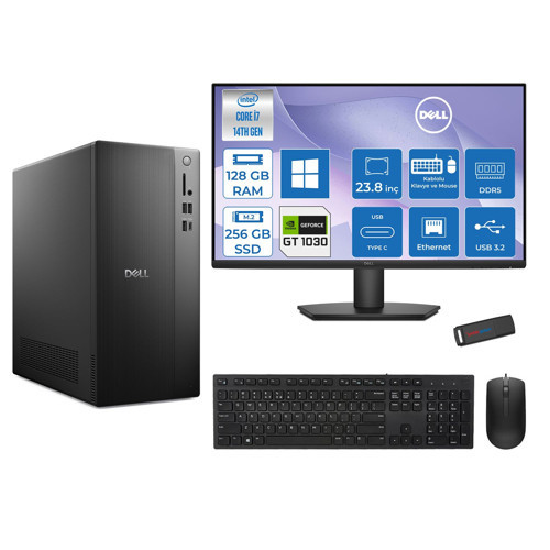 Tower Essential QVT1260 Intel® Core™ İ7-14700 128GB Ddr5 256GB SSD 4GB/GT1030 WIN11PRO +23.8 Fhd Monitör Tower Masaüstü Bilgisayar 23BTO01400721P36+ZETTAUSBBELLEK