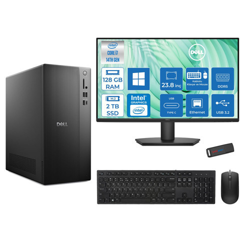 Tower Essential QVT1260 Intel® Core™ İ7-14700 128GB Ddr5 2tb SSD Intel® UHD Graphics 770 WIN11HOME +23.8 Fhd Monitör Tower Masaüstü Bilgisayar 23BTO014007H39+ZETTAUSBBELLEK