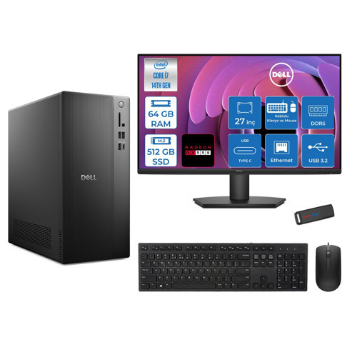 Tower Essential QVT1260 Intel® Core™ İ7-14700 64GB Ddr5 512GB SSD 4GB/RX550 Freedos +27" Fhd Monitör Tower Masaüstü Bilgisayar 27BTO01400727F22+ZETTAUSBBELLEK