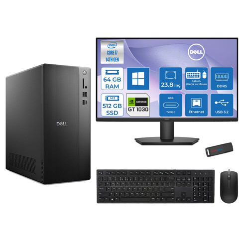 Tower Essential QVT1260 Intel® Core™ İ7-14700 64GB Ddr5 512GB SSD 4GB/GT1030 WIN11PRO +23.8 Fhd Monitör Tower Masaüstü Bilgisayar 23BTO01400721P22+ZETTAUSBBELLEK
