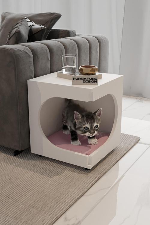 Yataklı Kedi Köpek Evi Sehpa Kedi Yatağı Yan Sehpa Kedi Köpek Yataklı Sehpa Beyaz - Pembe Minder
