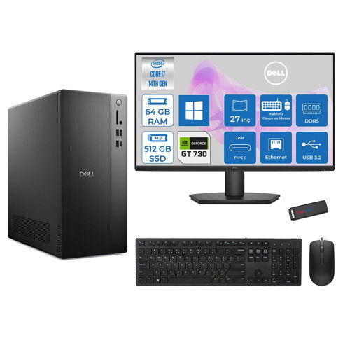 Tower Essential QVT1260 Intel® Core™ İ7-14700 64GB Ddr5 512GB SSD 4GB/GT730 WIN11PRO +27" Fhd Monitör Tower Masaüstü Bilgisayar 27BTO01400725P22+ZETTAUSBBELLEK