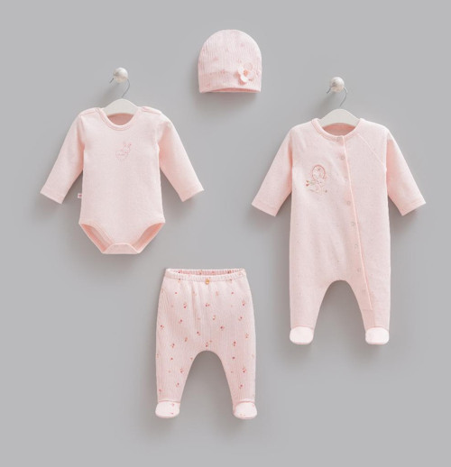 %100 Pamuk 4lü Tulumlu Rose Bonny Set 0-3 Ay 50-56 cm Pembe CRML.ZK2525.PMB