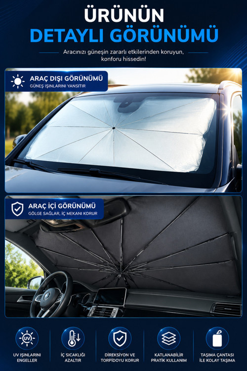 Araç Ön Cam Güneşliği Katlanabilir Şemsiye Oto Güneşlik UV Korumalı (Deri Saklama Kılıflı)