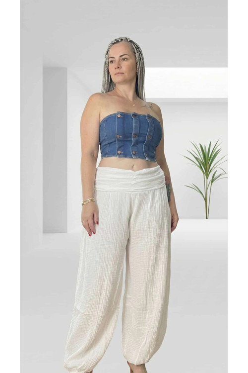 %100 Pamuk, Bürümcük, Paça Lastik Detay Bohem Pantolon (Beyaz)