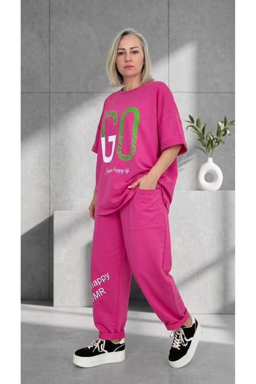 Üzeri Taş Baskı Detaylı, Oversive, Bel Lastik Detaylı Bluz & Pantolon Takım (Pembe)