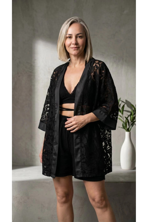 Tül Üzerine Nakışlı Çiçek Desen Dantel Kimono