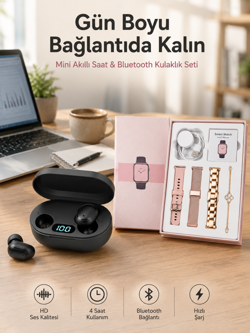 tekno Nabız Ölçer Hediye Bileklikli Akıllı Saat ve Dijital Göstergeli Bluetooth Kulaklık Çok