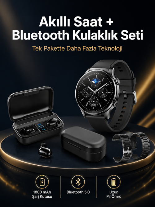 tekno Kablosuz Bluetooth Kulaklık ve Kordon Hediyeli Akıllı Saat Nabız Ölçer Uzun Pil Ömrü 2