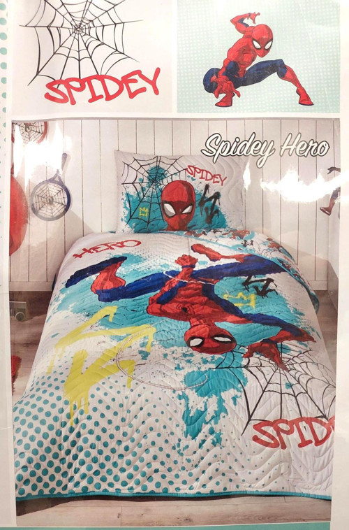 Lisanslı Kapitoneli Pike %100 Pamuk Tek Kişilik Çocuk Yatak Örtüsü (160x230)-Spidey Hero Yeşil