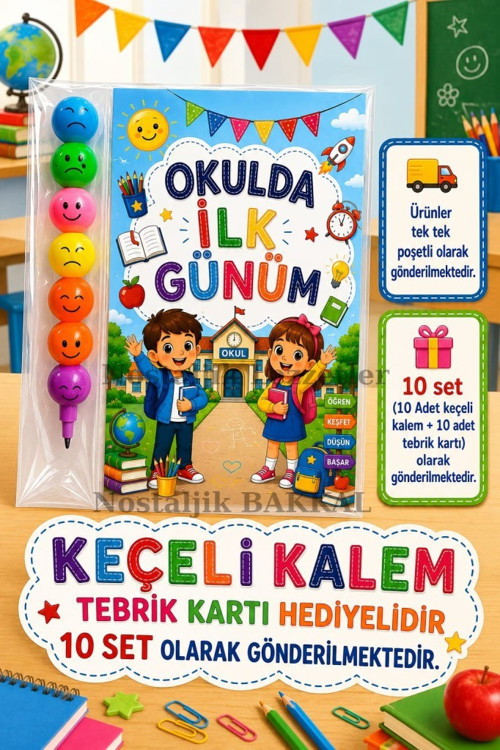 Öğrencilere Özel Okulda İlk Günüm Yazılı 10 Adet Hediye Seti 1. Sınıf- Sene Başı Hatırası Keçeli Kalem Tebrik Kartı Hed