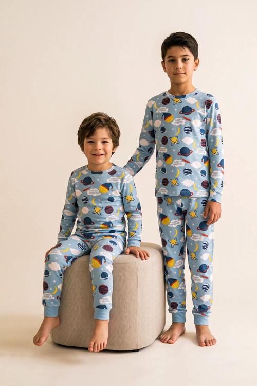 Planet Pattern Uzun Kollu Erkek Çocuk Pijama Takımı